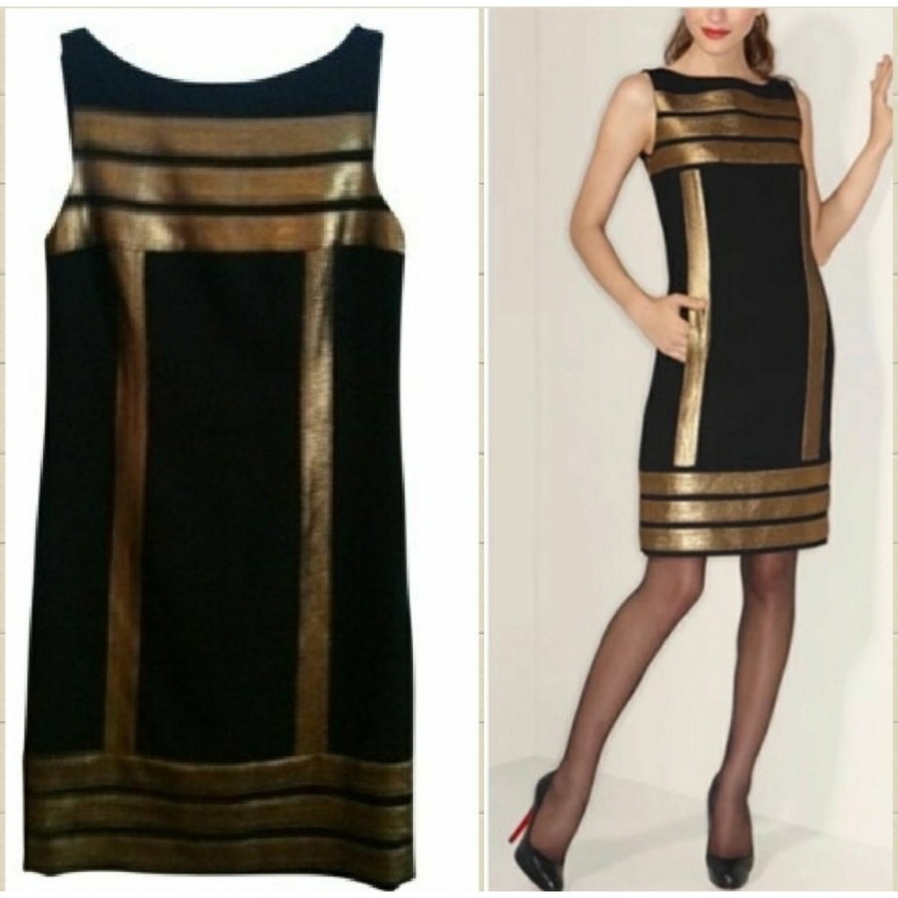 Tory Burch Black Gold Striped Sleeveless Wool Blend Office Mini Sheath Dress 4